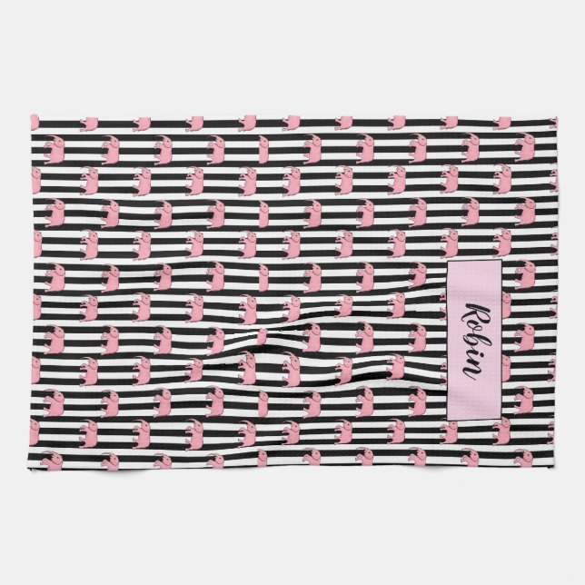 Modern Monogram Pink Elephants Pattern Strips Kitchen Towel (Horizontal)