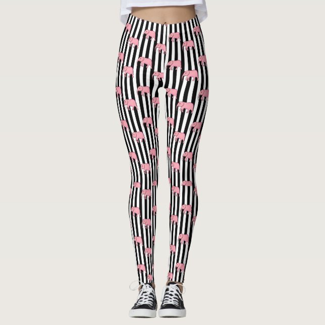Modern Monogram Pink Elephants Pattern Strips Leggings (Front)