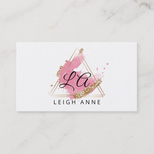 Modern Monogram Pink Gold Watercolor Triangle Business Card (Front)