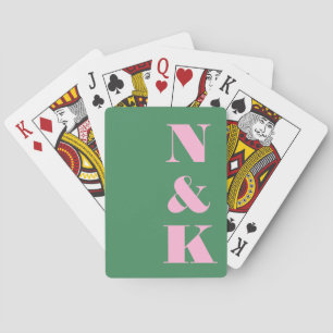 Modern Monogram Pink Green Custom Wedding Favour Playing Cards