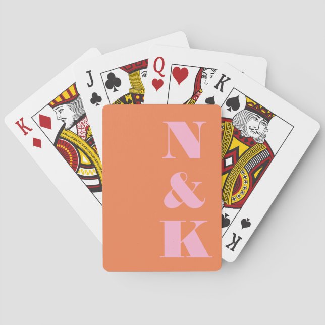 Modern Monogram Pink Orange Custom Wedding Favour Playing Cards (Back)