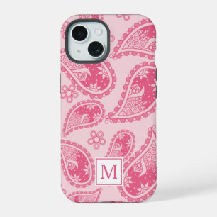 Modern Monogram Pink Paisley Retro Pattern iPhone 15 Case