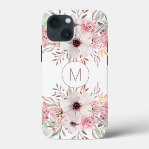 Modern Monogram Pink Watercolor Floral iPhone 13 Mini Case