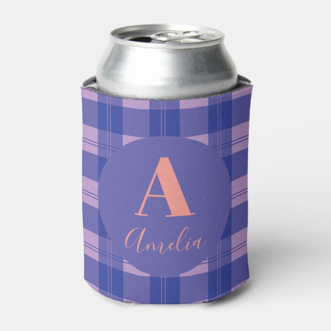 Modern Monogram Plaid Purple Can Cooler (Can Front)