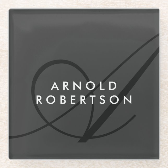Modern Monogram Plain Grey Trendy Glass Coaster (Front)