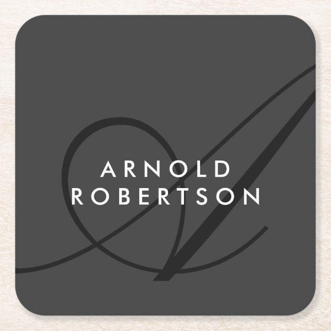 Modern Monogram Plain Grey Trendy Square Paper Coaster (Front)