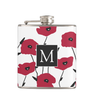 Modern Monogram Poppies Pattern Hip Flask