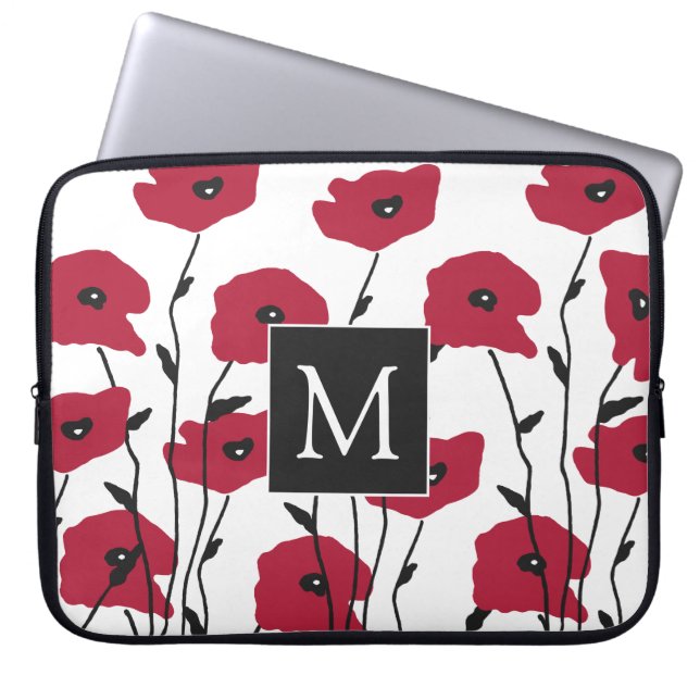 Modern Monogram Poppies Pattern Laptop Sleeve (Front)