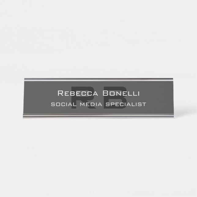 Modern Monogram Professional Black Grey Desk Name Plate (Front)