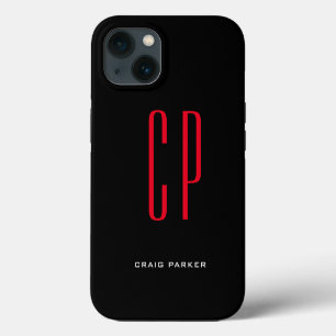 Modern Monogram Professional Plain Black Red iPhone 13 Case