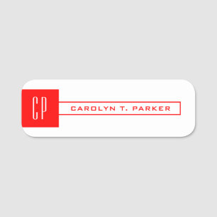 Modern Monogram Professional Plain Name Red White Name Tag