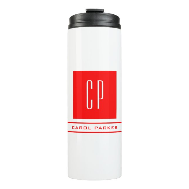 Modern Monogram Professional Plain Name Red White Thermal Tumbler (Front)