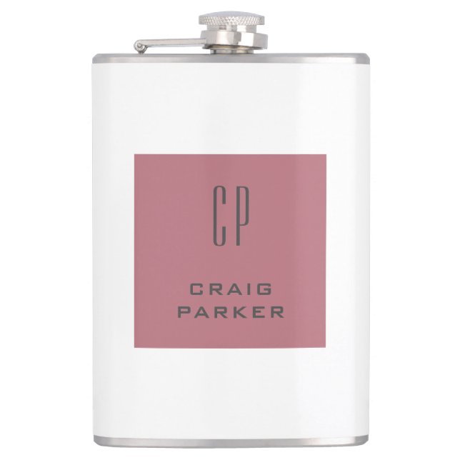 Modern Monogram Professional Plain Rose Gold White Hip Flask (Front)