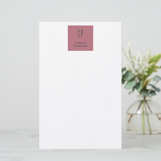 Modern Monogram Professional Plain Rose Gold White Stationery (Standing Front)
