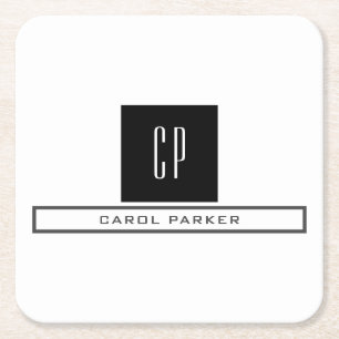 Modern Monogram Professional Plain Simple Name Square Paper Coaster