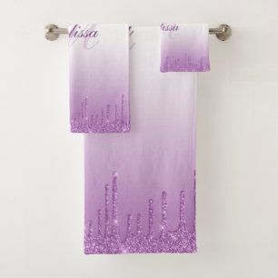 modern monogram purple glitter bath towel set