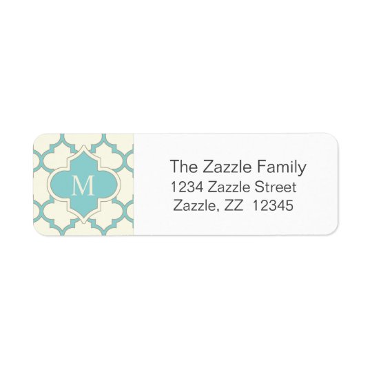 Modern Monogram Quatrefoil Pattern Ivory Turquoise Return Address Label