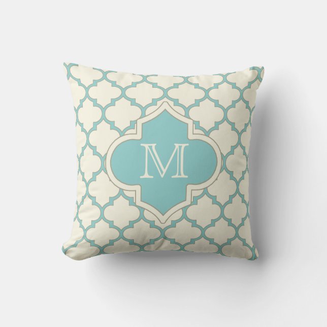 Modern Monogram Quatrefoil Pattern Ivory Turquoise Throw Pillow (Front)