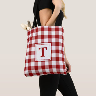 Modern Monogram Red and White Gingham Pattern Tote Bag