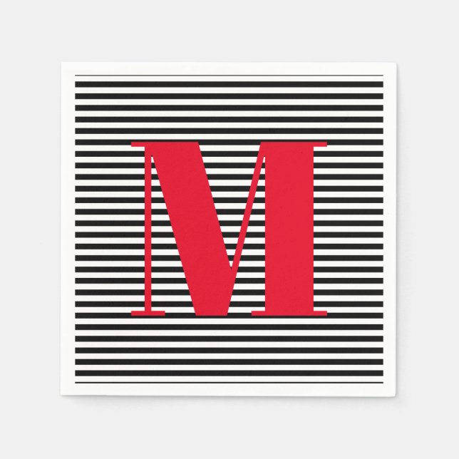 Modern monogram red black white stripes initial napkin (Front)