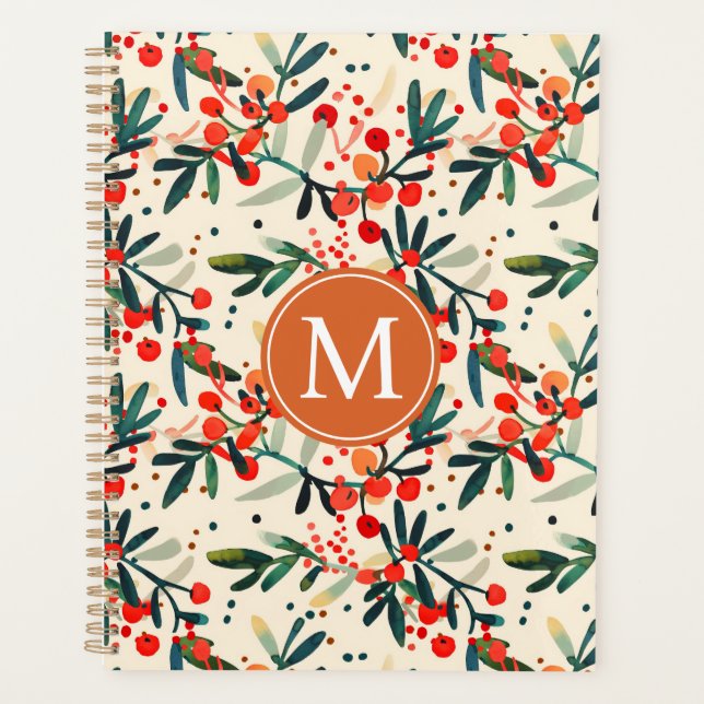 Modern Monogram Red Christmas Holly Berries Planner (Front)