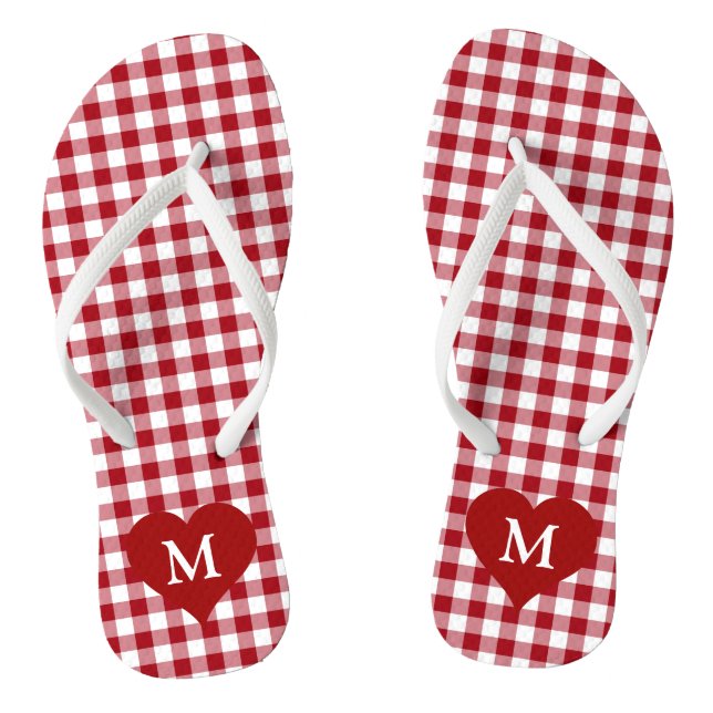 Modern Monogram Red Gingham Check Flip Flops (Footbed)