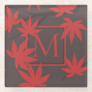 Modern Monogram Red Maple Leaf Grey Glass Coaster