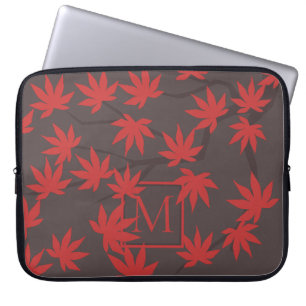 Modern Monogram Red Maple Leaf Grey Laptop Sleeve