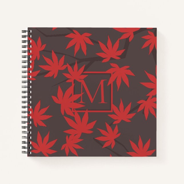 Modern Monogram Red Maple Leaf Grey Notebook (Front)