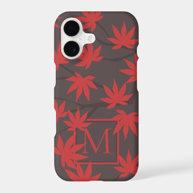 Modern Monogram Red Maple Leaf Grey Stylish (Verso)