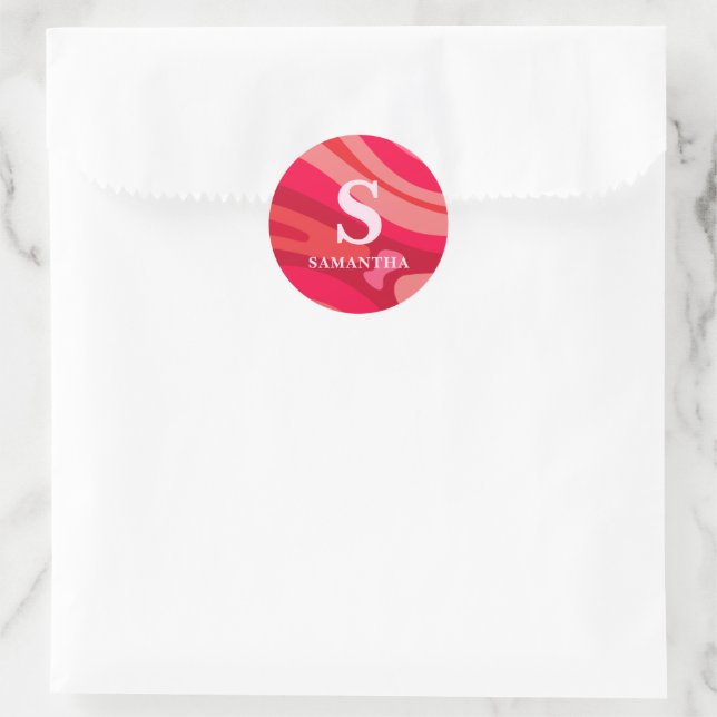 Modern Monogram Red Pink Pattern Classic Round Sticker (Bag)