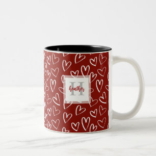 Modern Monogram Red Valentine Heart Pattern Two-Tone Coffee Mug