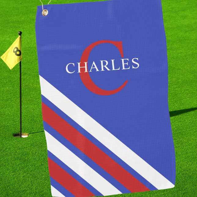 Modern Monogram Red White Blue Golfing Golf Towel (Creator Uploaded)