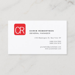Modern Monogram Red White Professional Plain Business Card