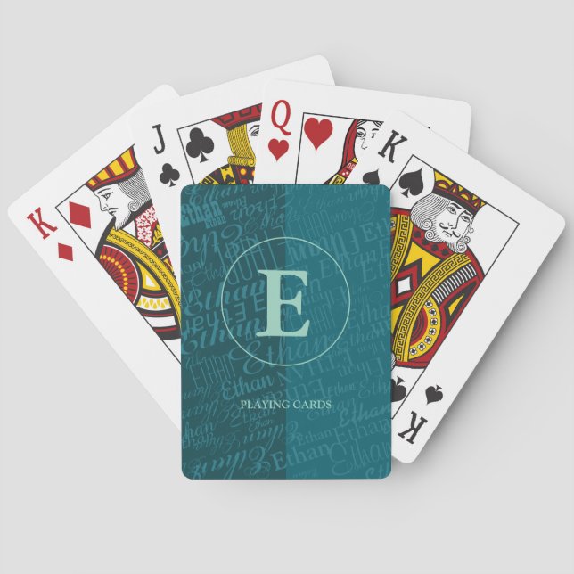 Modern Monogram /  Repeating Name Blue Playing Cards (Back)