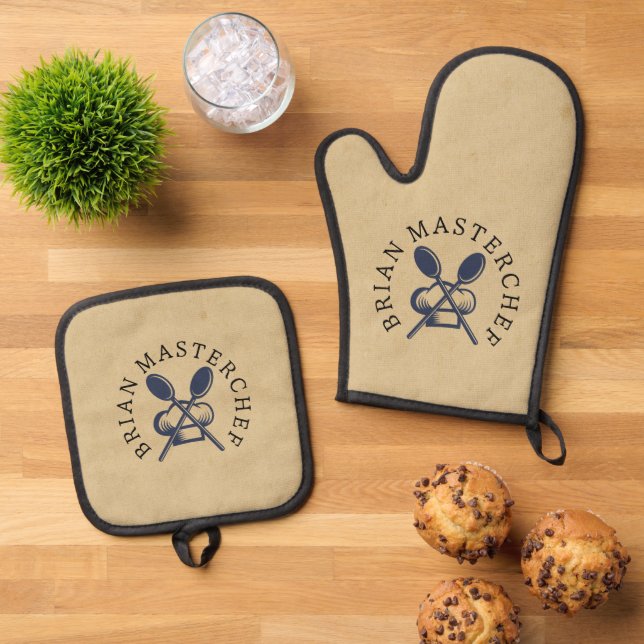 Modern monogram retro for him masterchef oven mitt & pot holder set (Top Down)