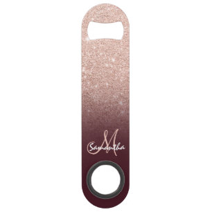 Modern monogram rose gold glitter ombre burgundy bar key
