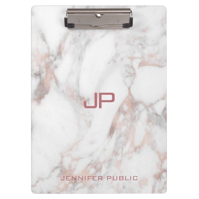 Modern Monogram Rose Gold White Marble Elegant Clipboard (Front)