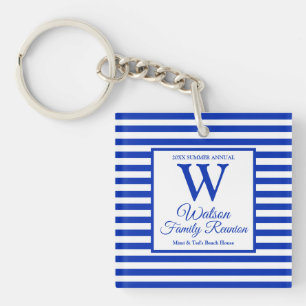 Modern Monogram Royal Blue Stripes Family Reunion Keychain