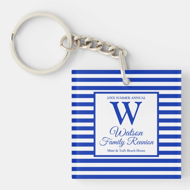 Modern Monogram Royal Blue Stripes Family Reunion Keychain (Front)