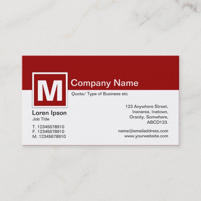 Modern Monogram - Ruby Red and White Business Card (Front)