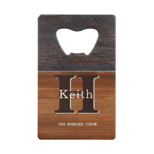 Modern Monogram Rustic Wood Tone Brown  Credit Card Bottle Opener