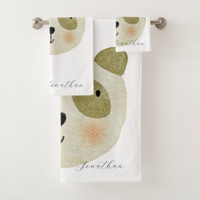 Modern monogram safari cute script white boys bath towel set (Insitu)