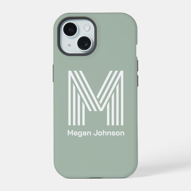 Modern Monogram Sage Green iPhone 15 Case (Back)