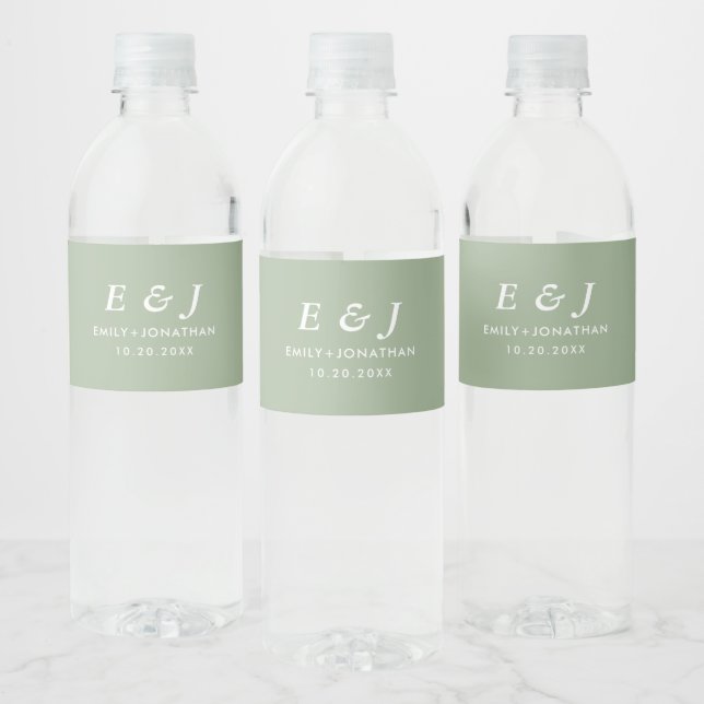 Modern Monogram Sage green Wedding Water Bottle Label (Bottles)