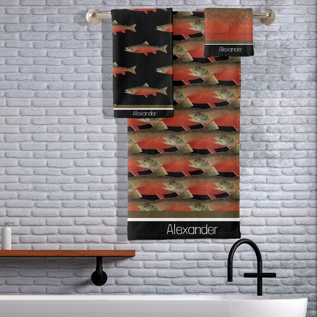 Modern Monogram Salmon Fish Design Black White Red Bath Towel Set (Creator Uploaded)