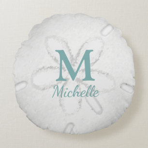 Modern Monogram Sand Dollar Turquoise Ocean  Round Pillow