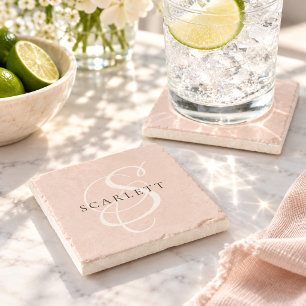 Modern Monogram Script Blush Pink Custom Name Stone Coaster