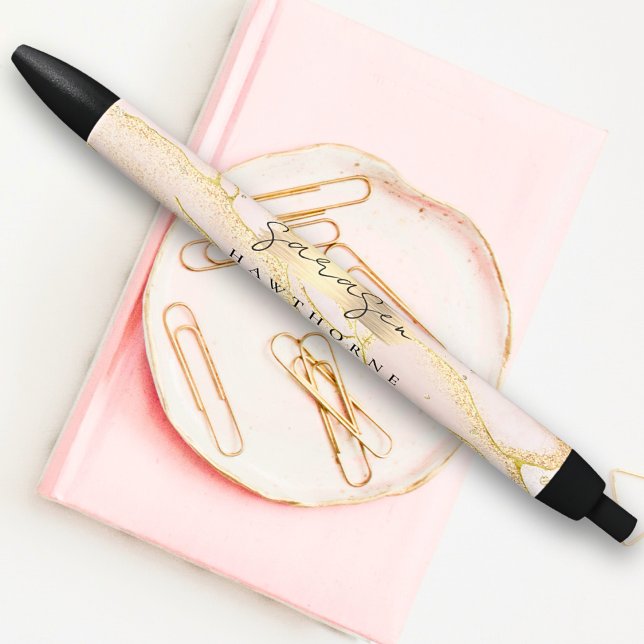 Modern Monogram Script Blush Pink Gold Foil Black Ink Pen (Creator Uploaded)