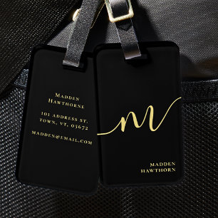 Modern Monogram Script Calligraphy Black Gold Luggage Tag